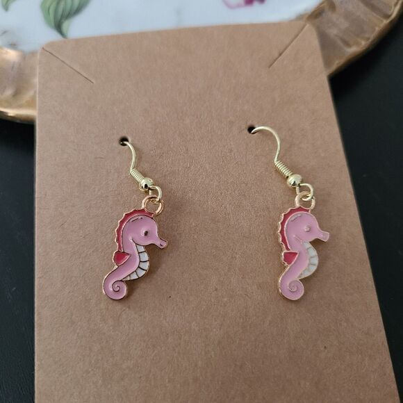 New Handcrafted Pink Enamel Seahorse on 14K Gold Plated Hooks - Picture 1 of 1